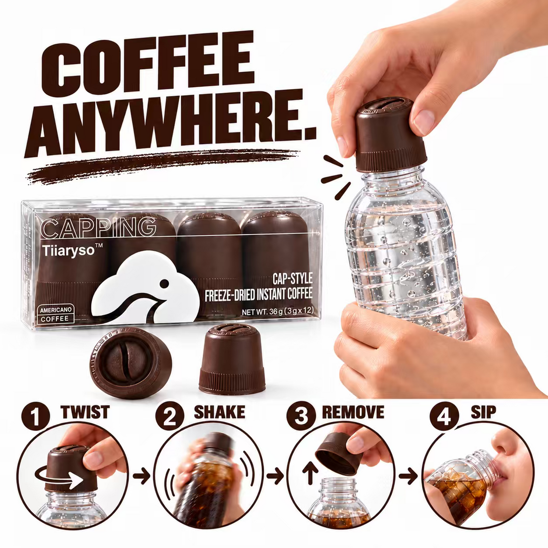 Four illustrated steps: twist, shake, remove and sip