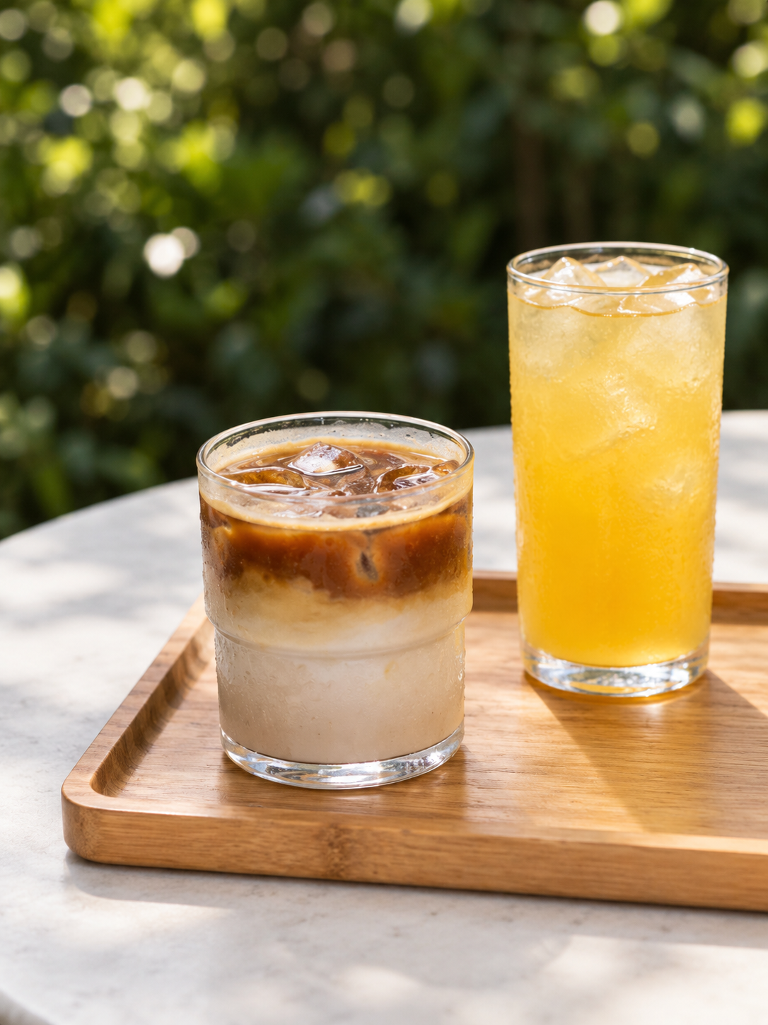 Iced latte and orange drink on a wooden tray in a garden setting